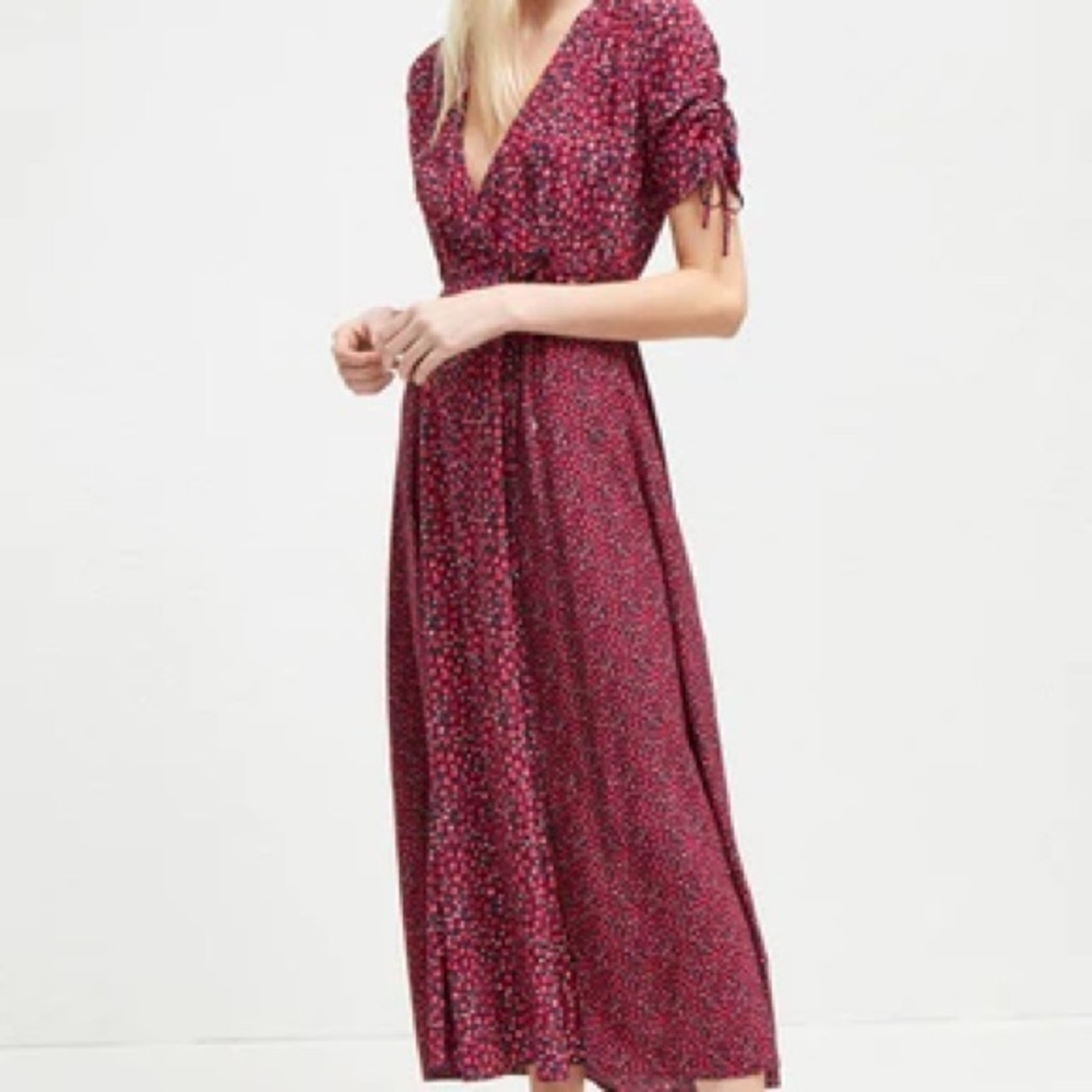 French Connection Burgundy Floral Maxi Wrap Dress Ruched Sleeve US 0 NWT $158